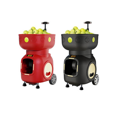 Black and red color siboasi ss-t7 intelligent tennis ball shooter standing together loaded and ready to shoot