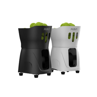 black and white Pusun PT Mini Pro Tennis Ball launcher from left corner angle