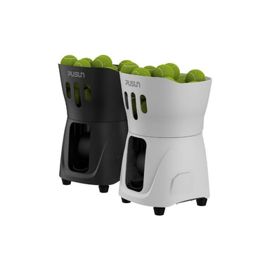 Pusun PT Mini Pro Tennis Machines with tennis balls on top from right side in black and white
