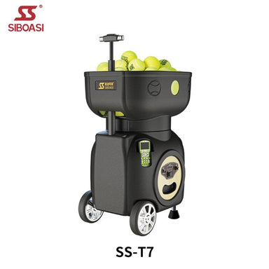 Siboasi ss t7 black tennis ball machines view from right angle loaded with tennis balls with its controller