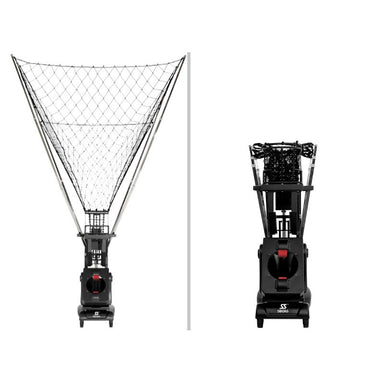 front side closeup views of siboasi ss k2101 automatic basketball training machine in white background