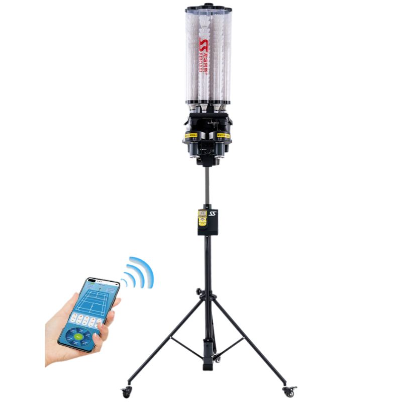A mobile in a hand pointing towards Siboasi b2202A Badminton shooting Machine