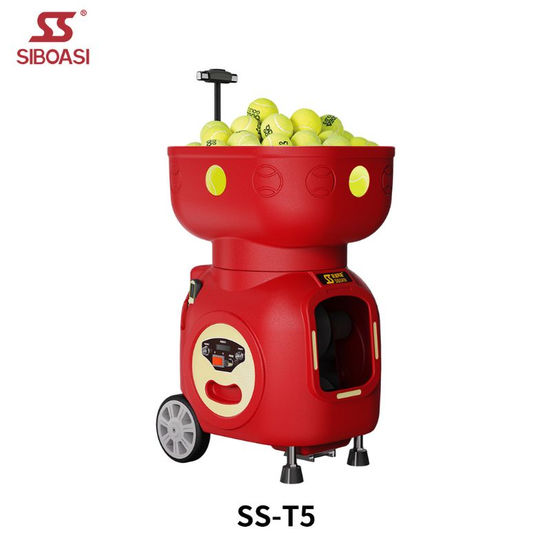 Front right full view of siboasi T5 machine in black color with tennis balls on top