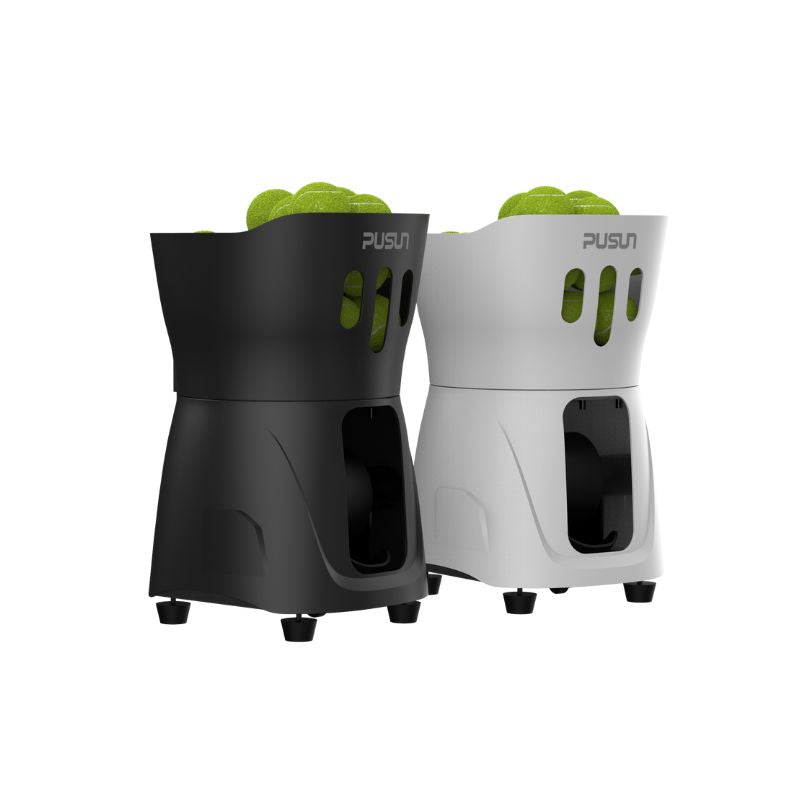 black and white Pusun PT Mini Pro Tennis Ball launcher from left corner angle