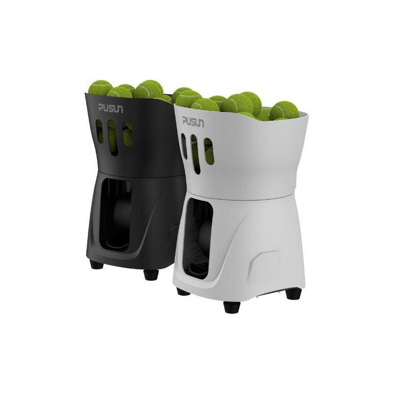 Pusun PT Mini Pro Tennis Machines with tennis balls on top from right side in black and white