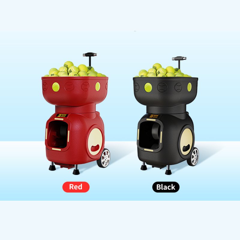 Red and black Siboasi T5 tennis ball machine front views with tennis balls on top
