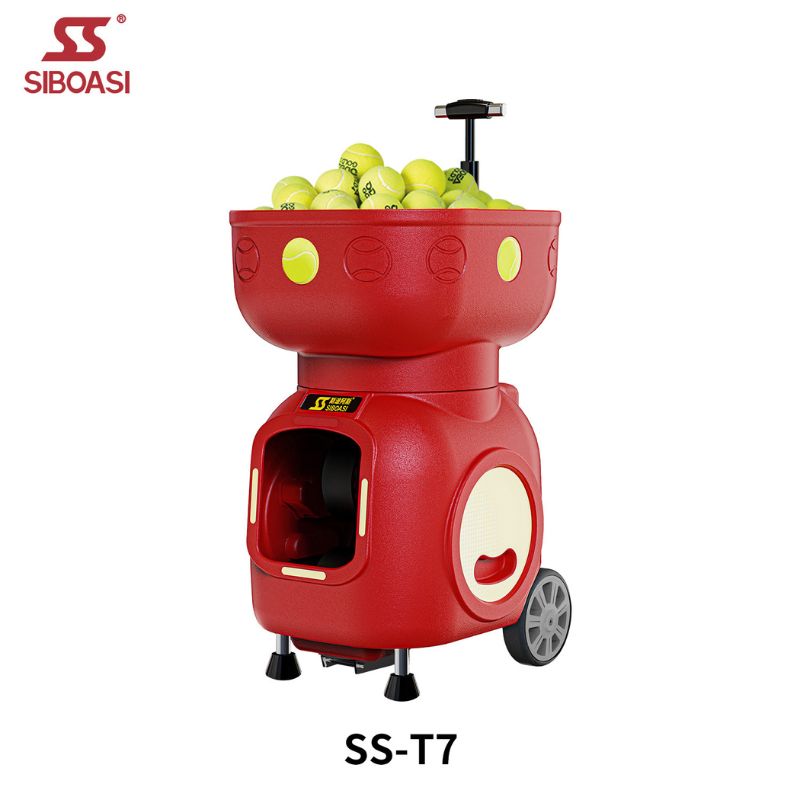 Red color siboasi ss-t7 tennis throwing machines view from left from angle loaded with tennis balls