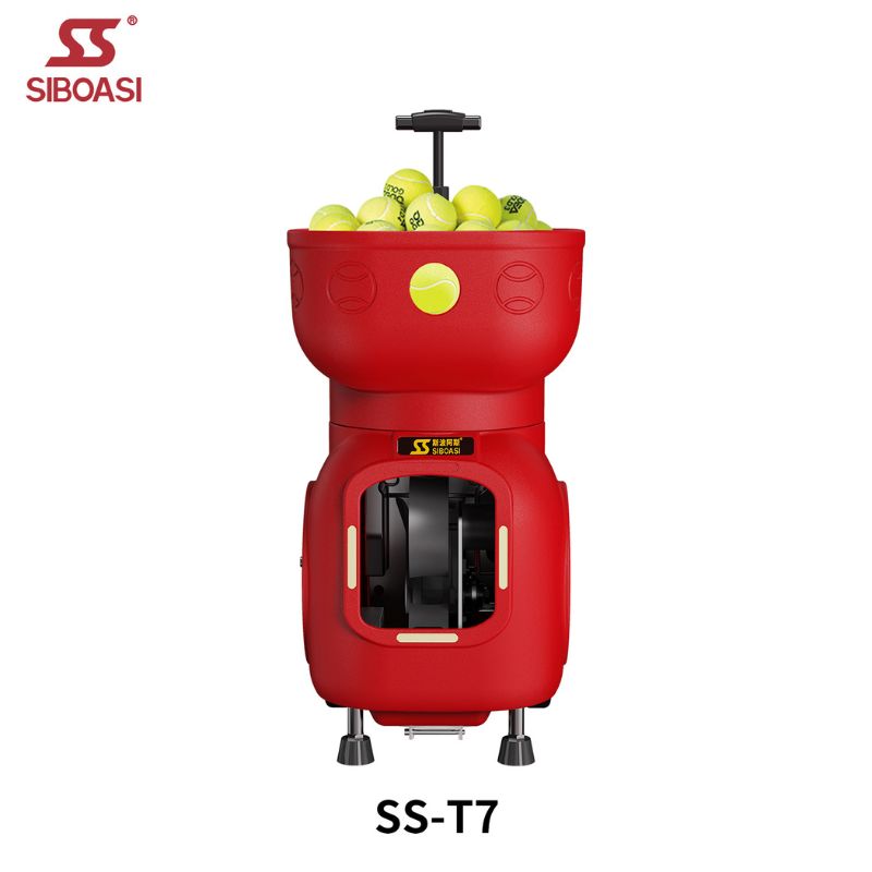 Red color siboasi ss-t7 tennis ball launcher machines view from the front
