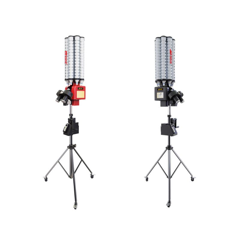 Two Siboasi B7 Badminton Shooting Machines in black and red