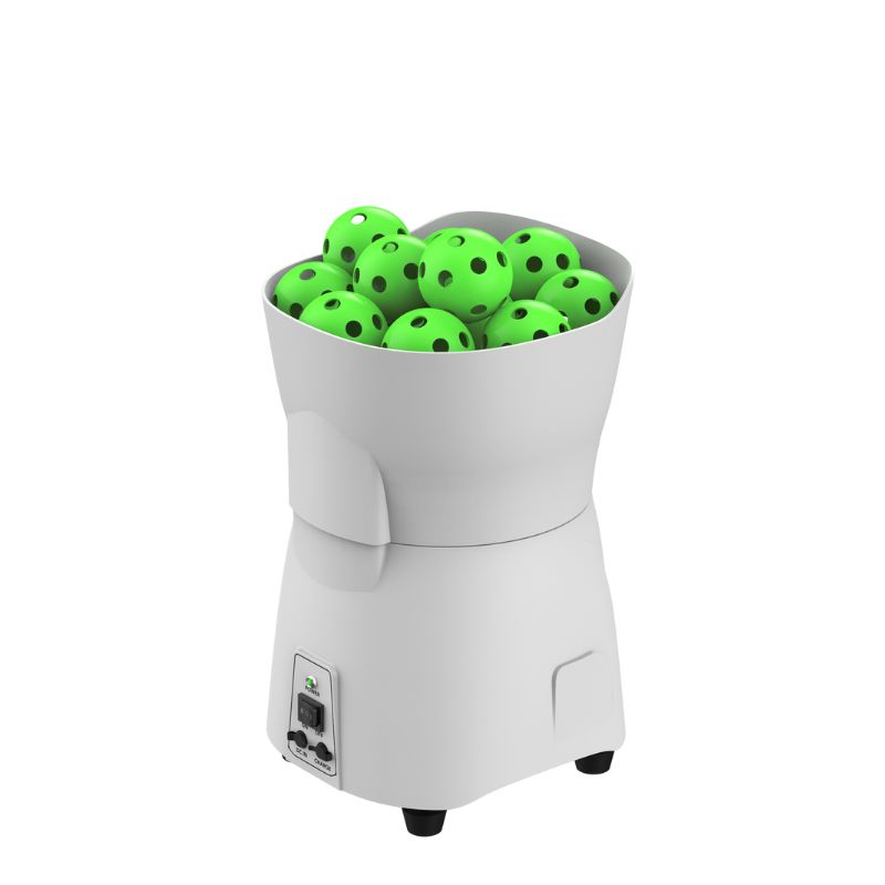 White Pusun PP Mini pickleball machine back view with green pickleballs on top