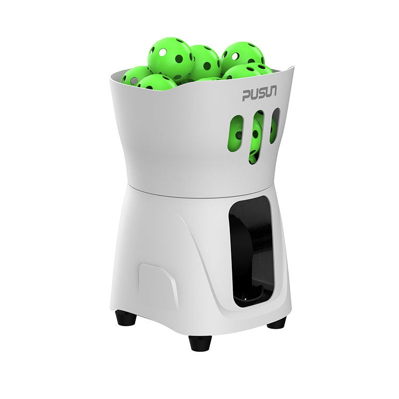 White Pusun PP Mini pickleball machine left side view with green pickleballs on top