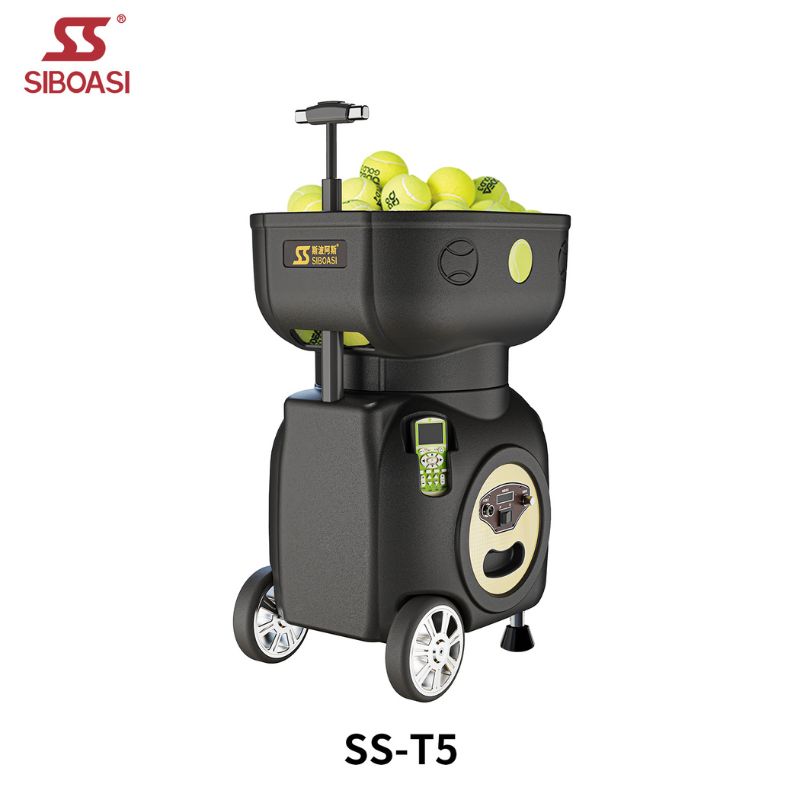 back view of siboasi T5 mini launcher with remote control  and tennis balls