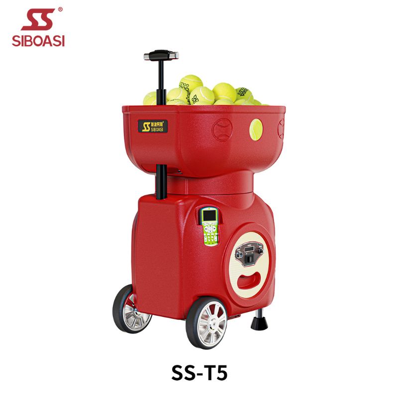 back right full view of siboasi T5 launching machine in red color with remote controller andtennis balls