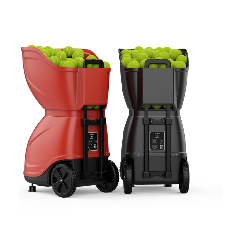 back side of Pusun pt 9001 tennis ball machine in black and red color loaded with tennis balls