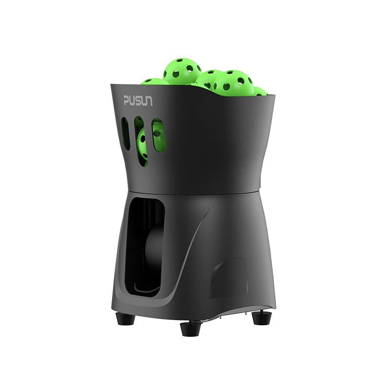 black Pusun PP Mini pickleball launcher right side view with green pickleballs on top