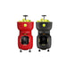 black and red Siboasi T5 tennis ball machine front views with tennis balls on top