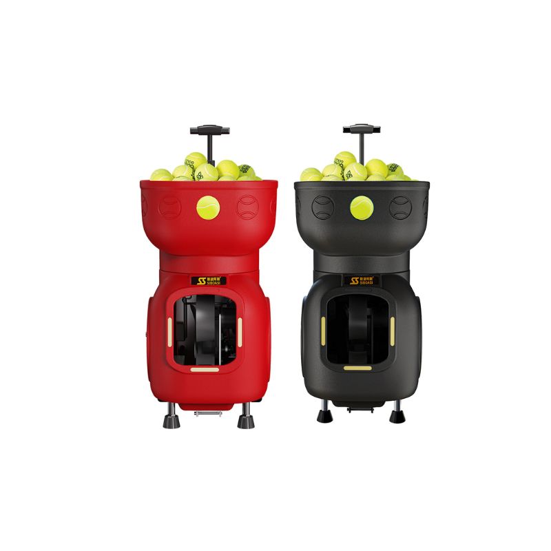 black and red Siboasi T5 tennis ball machine front views with tennis balls on top