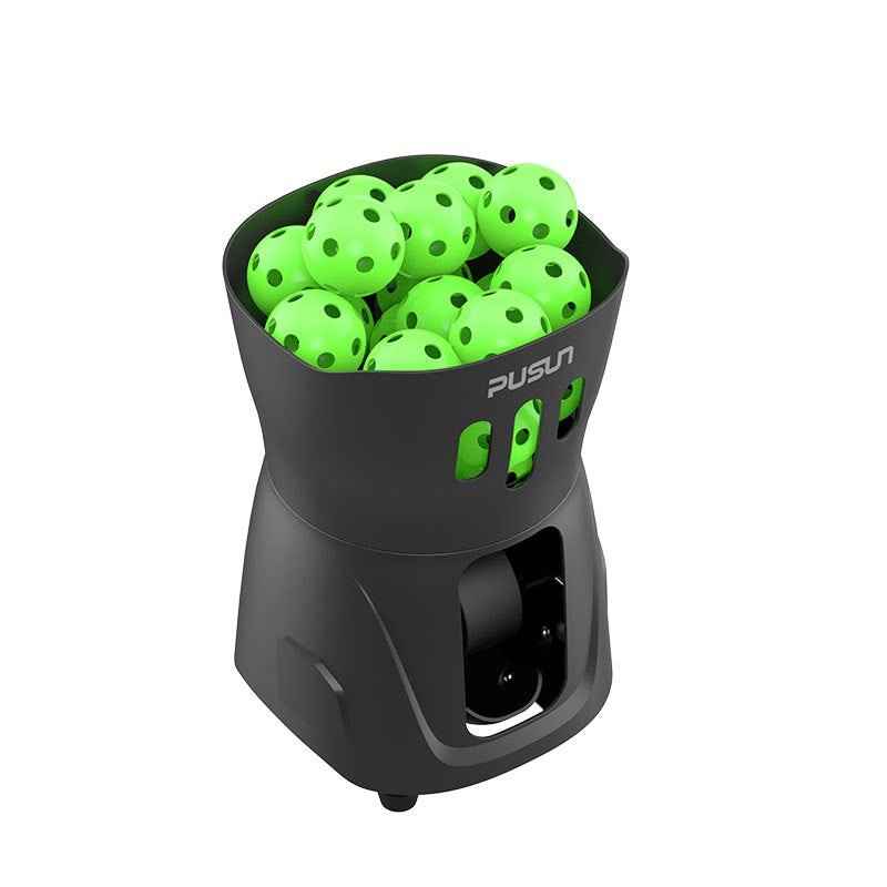 black color Pusun PP Mini pickleball machine top front view with green pickleballs on top
