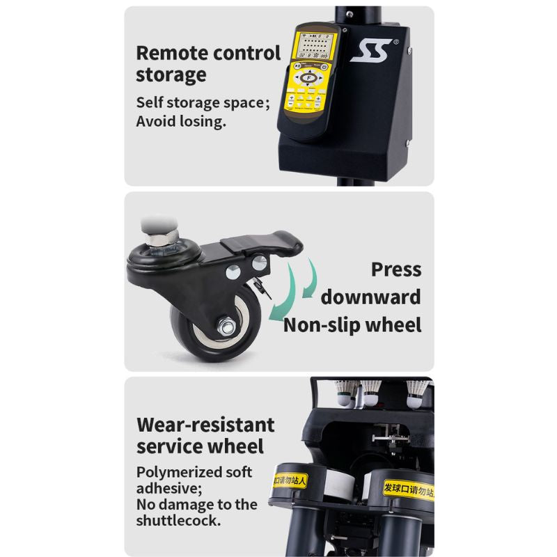 closeup view of remote control storage machine transporting wheel and ball serving wheel of Siboasi b2202A Badminton Machine