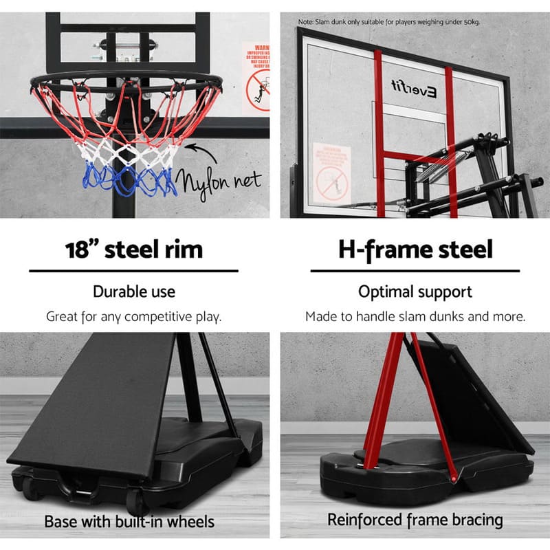 closeup views of Everfit 3.05M Basketball Hoop Stand rim framesteel wheels and bracing
