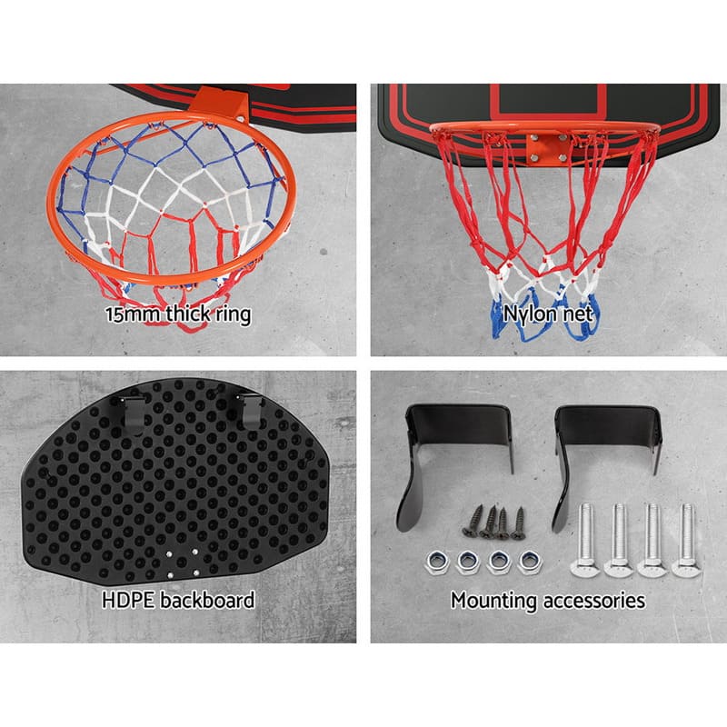 closeup views of Everfit 38 inch Basketball Backboard with hoop Ring Net structure and accessories