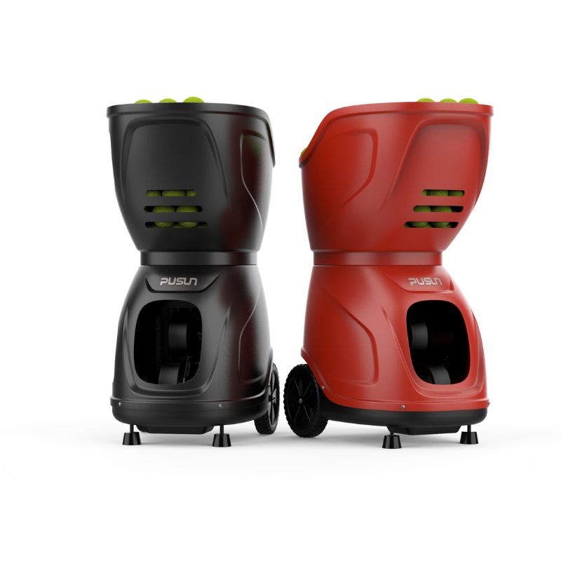 full front side view of pusun pt 9001 pro tennis ball launchers in black and red