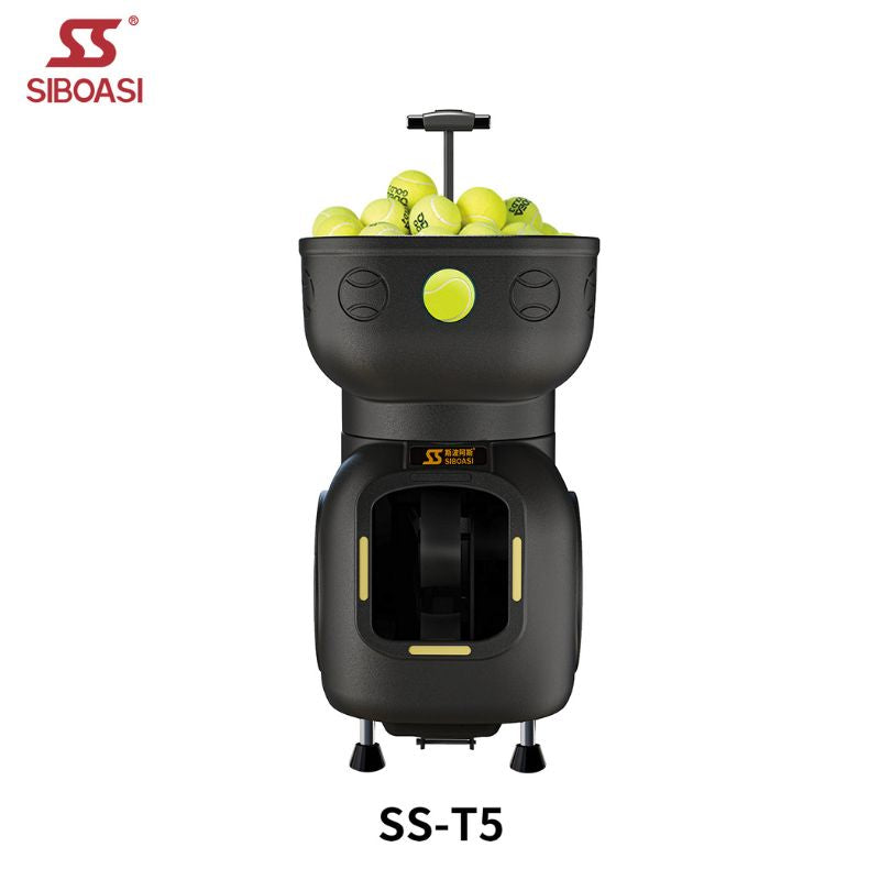 full front view of siboasi T5 launcher in black color with tennis balls on top