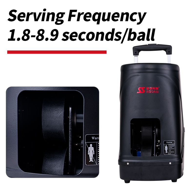 full view of sibaosi s336a squash machine and closup view of ball throwing wheels