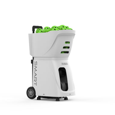left side view of PP Smart automatic pickleball shooter in white loaded with pickleballs