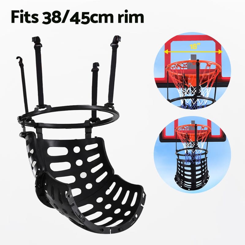 left side view of black Everfit Basketball Hoop Rebounder Return System showing that it fits18 inch rims