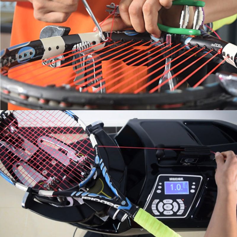 persons hand fixing tennis strings on siboasi s3169 machine