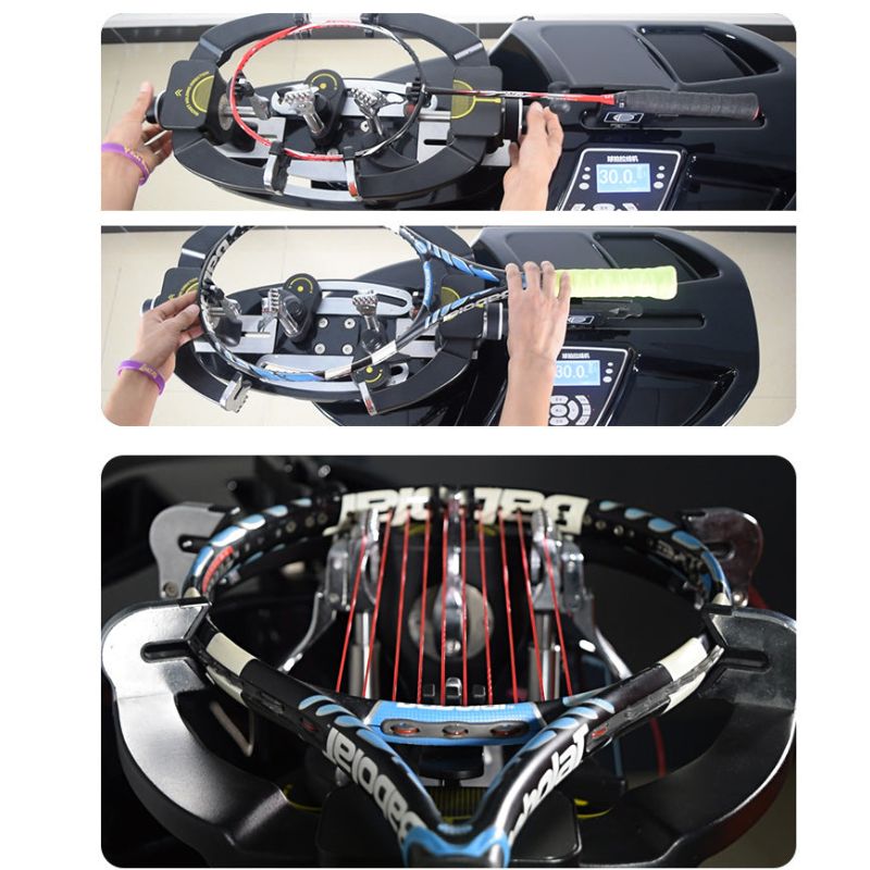 two tennis racquets and one badminton racquet mounted on siboasi s3169 stringing machine
