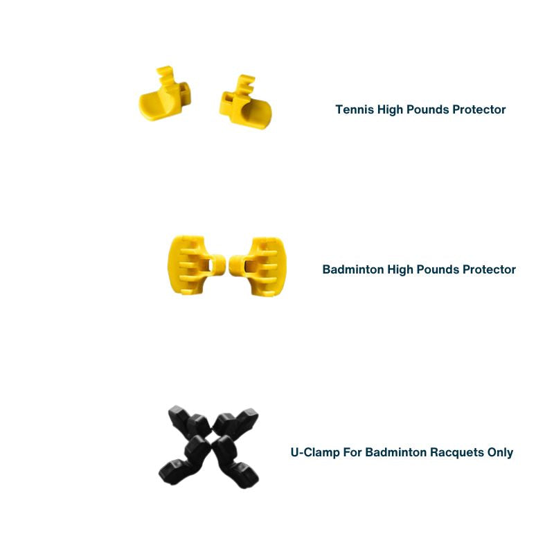 two yellow high pounds protectors and one black uclamp for tennis and badminton
